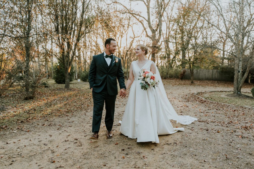 Bride among the trees at Stone Chapel at MattLane Farm in Fayetteville, Arkansas