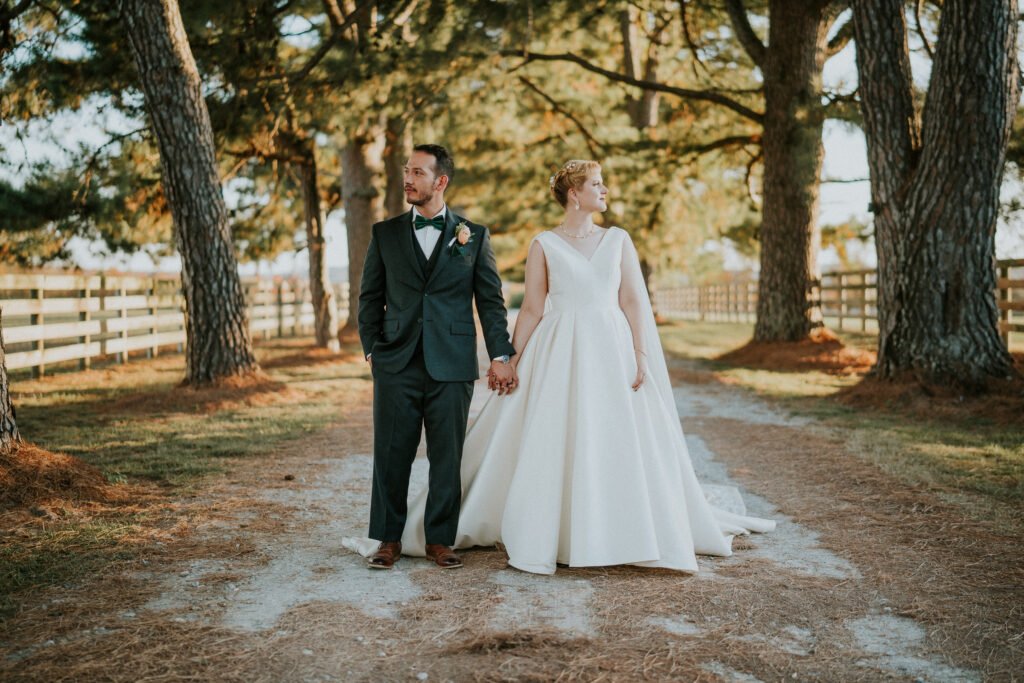 Bride and groom on the lane at Stone Chapel at MattLane Farm, Fayetteville, Arkansas